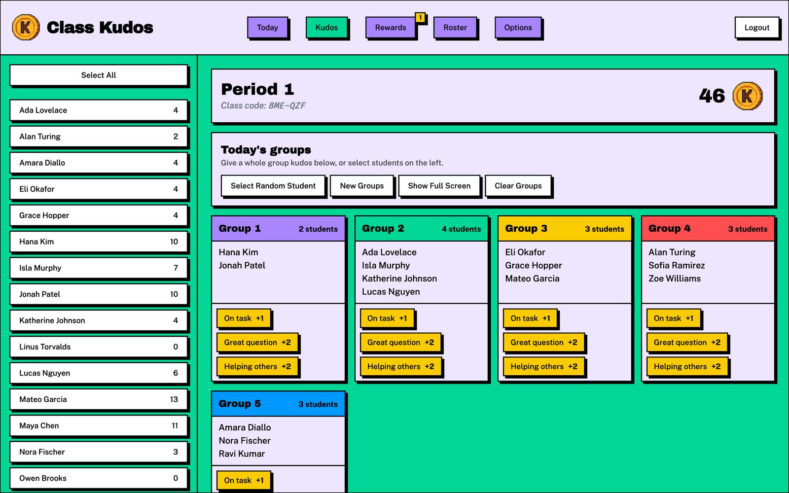 The teacher's Kudos page: the class roster with point totals, and today's random groups as coloured cards with kudos buttons.